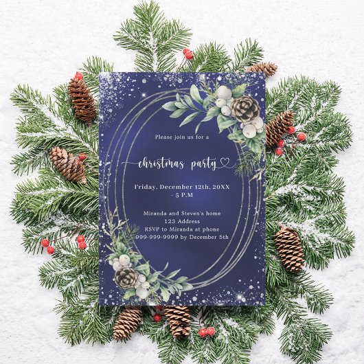 Blue cone pine greenery glitter Christmas Party Kaart