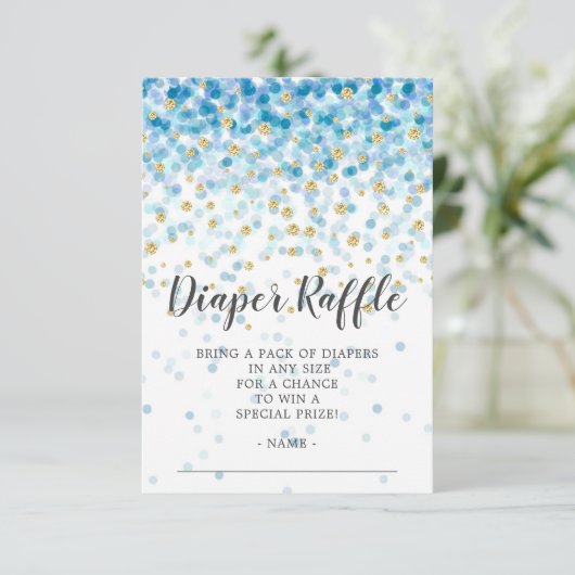 Blue Confetti Baby shower Luier Raffle Ticket Kaart (Staand voorkant)