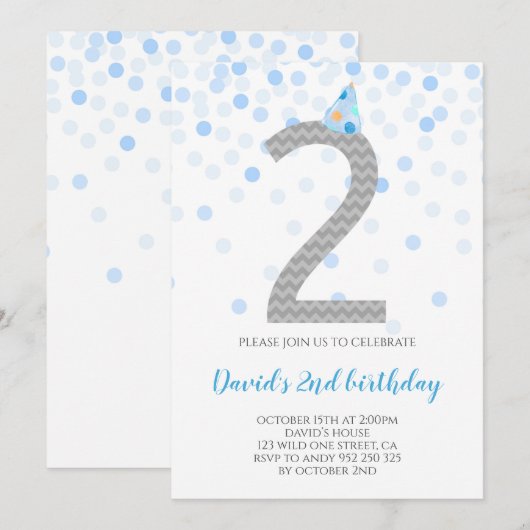 Blue Confetti Boy Party 2e verjaardag Kaart (Voorkant / Achterkant)