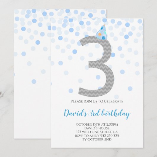 Blue Confetti Boy Party 3e verjaardag Kaart (Voorkant / Achterkant)