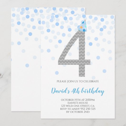 Blue Confetti Boy Party 4th Birthday Kaart (Voorkant / Achterkant)