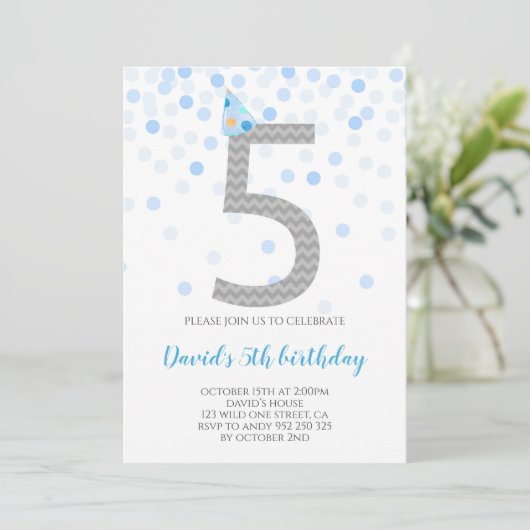 Blue Confetti Boy Party 5th Birthday Kaart (Staand voorkant)