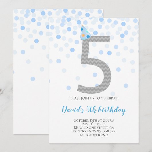 Blue Confetti Boy Party 5th Birthday Kaart (Voorkant / Achterkant)