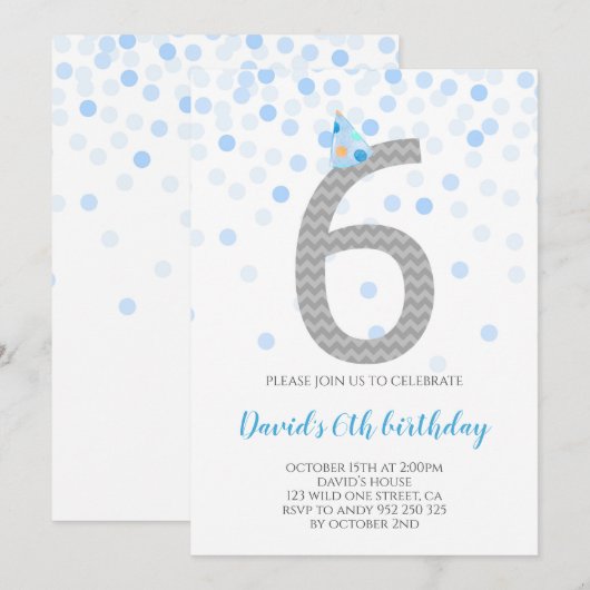Blue Confetti Boy Party 6e verjaardag Kaart (Voorkant / Achterkant)