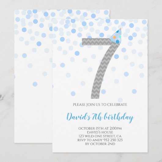 Blue Confetti Boy Party 7th Birthday Kaart (Voorkant / Achterkant)