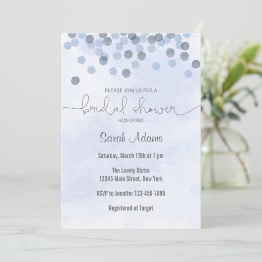 Blue Confetti Bridal Shower Invitation Kaart (Staand voorkant)