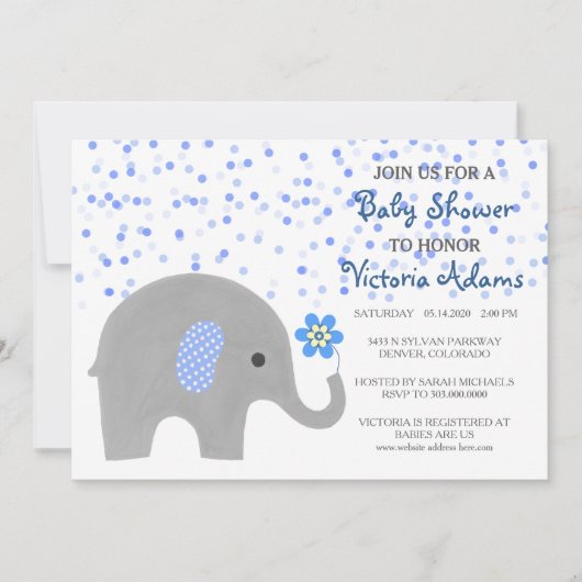 Blue Confetti Elephant Baby Boy Shower Invitation Kaart (Voorkant)