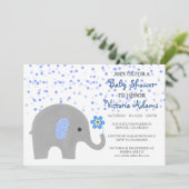 Blue Confetti Elephant Baby Boy Shower Invitation Kaart (Staand voorkant)