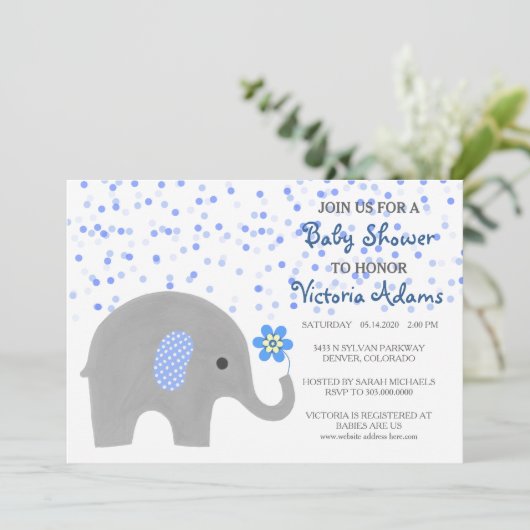 Blue Confetti Elephant Baby Boy Shower Invitation Kaart (Staand voorkant)