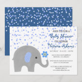 Blue Confetti Elephant Baby Boy Shower Invitation Kaart (Voorkant / Achterkant)