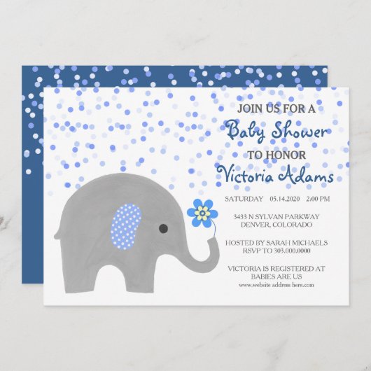 Blue Confetti Elephant Baby Boy Shower Invitation Kaart (Voorkant / Achterkant)