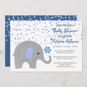 Blue Confetti Elephant Baby Boy Shower Invitation Kaart