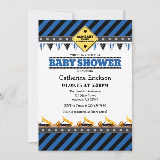 Blue Construction Baby shower Invitation Kaart (Voorkant)