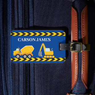 Blue Construction Truck Boys Gepersonaliseerde Kin Bagagelabel