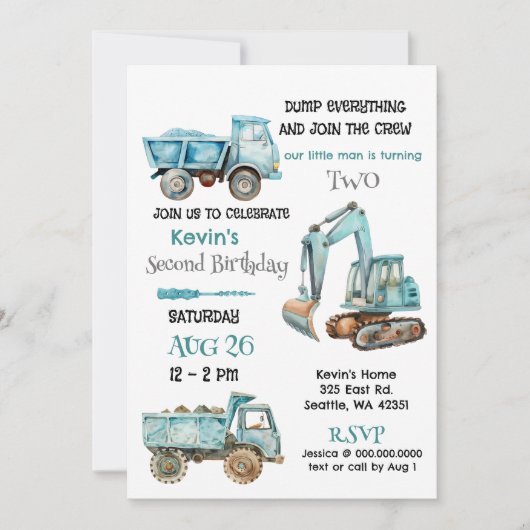 Blue Construction Trucks Boy Verjaardagsfeest Kaart (Voorkant)
