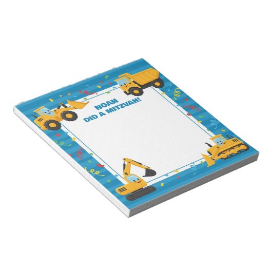 Blue Construction Trucks gepersonaliseerde mitswa Notitieblok (Schuin)