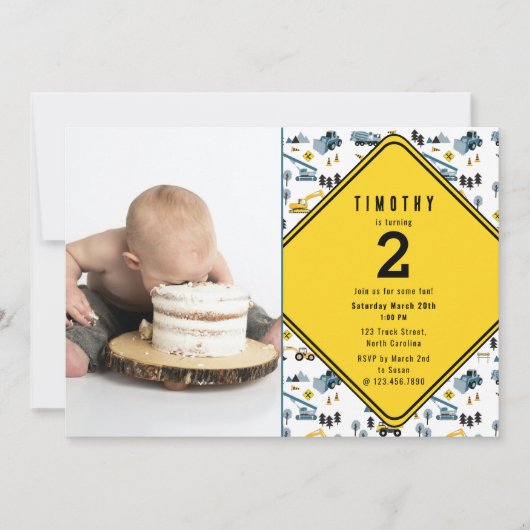 Blue Construction Trucks Site Photo Birthday Party Bedankkaart (Voorkant)