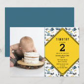 Blue Construction Trucks Site Photo Birthday Party Bedankkaart (Voorkant / Achterkant)