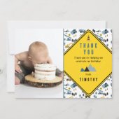 Blue Construction Trucks Site Photo Birthday Party Bedankkaart (Voorkant)