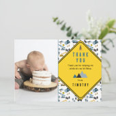 Blue Construction Trucks Site Photo Birthday Party Bedankkaart (Staand voorkant)