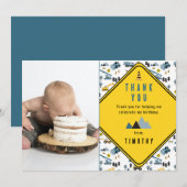 Blue Construction Trucks Site Photo Birthday Party Bedankkaart (Voorkant / Achterkant)