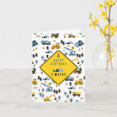 Blue Construction Trucks & Site Theme Birthday Kaart (Gele Bloem)