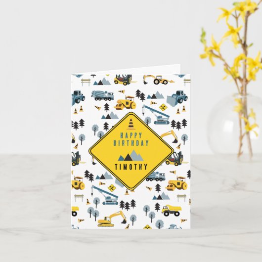 Blue Construction Trucks & Site Theme Birthday Kaart (Gele Bloem)