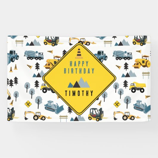 Blue Construction Trucks & Site Theme Birthday Spandoek (Horizontaal)