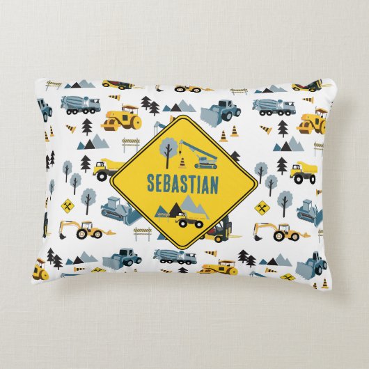 Blue Construction Trucks & Site Theme Pattern Accent Kussen (Achterkant)