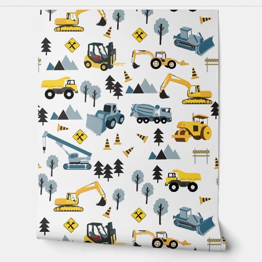 Blue Construction Trucks & Site Theme Pattern Behang (Afrollen)