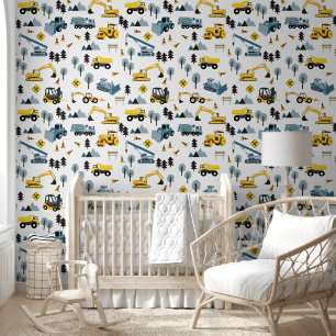 Blue Construction Trucks & Site Theme Pattern Behang