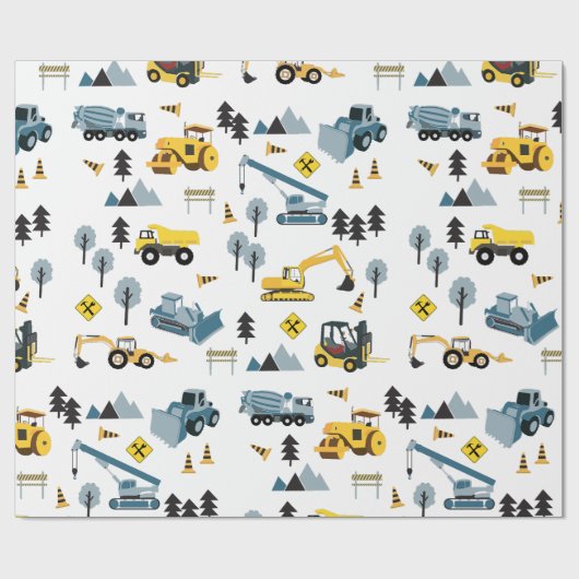 Blue Construction Trucks & Site Theme Pattern Cadeaupapier (Vlak)