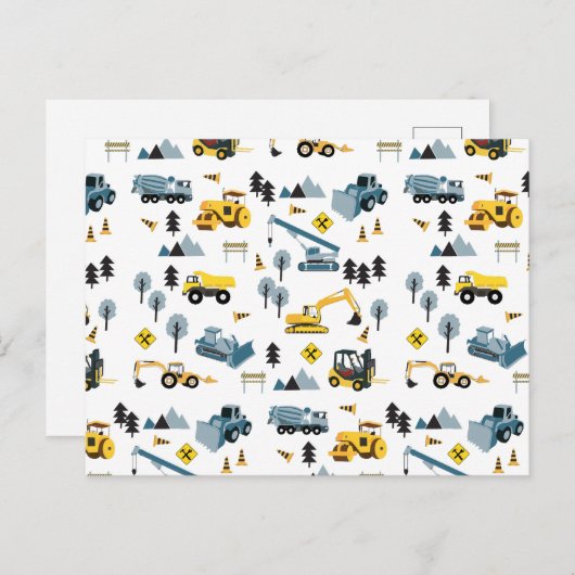 Blue Construction Trucks & Site Theme Pattern Feestdagenkaart (Voorkant / Achterkant)