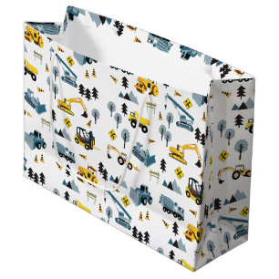 Blue Construction Trucks & Site Theme Pattern Groot Cadeauzakje