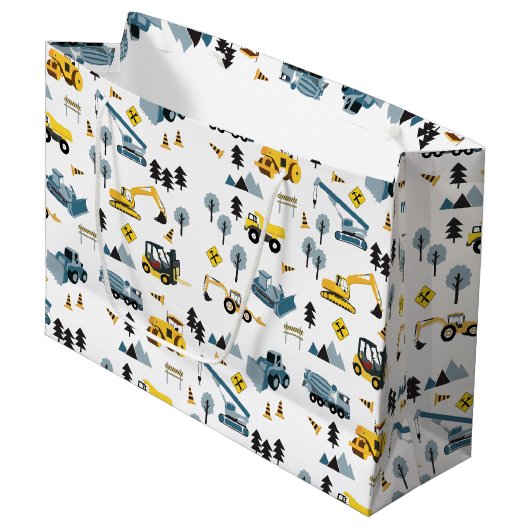 Blue Construction Trucks & Site Theme Pattern Groot Cadeauzakje (Voorkant Gekanteld)