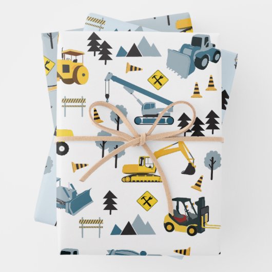 Blue Construction Trucks & Site Theme Pattern Inpakpapier Vel (In situ)