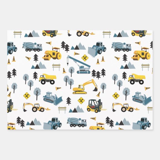 Blue Construction Trucks & Site Theme Pattern Inpakpapier Vel (Voorkant)