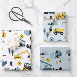 Blue Construction Trucks & Site Theme Pattern Inpakpapier Vel