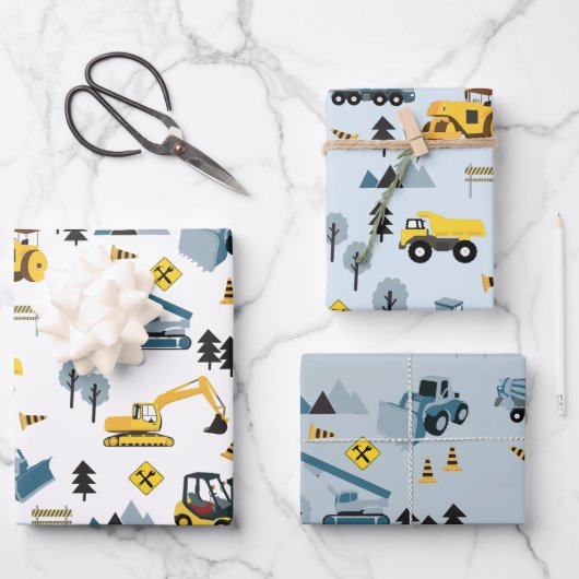 Blue Construction Trucks & Site Theme Pattern Inpakpapier Vel (Voorkant)