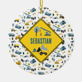 Blue Construction Trucks & Site Theme Pattern Keramisch Ornament