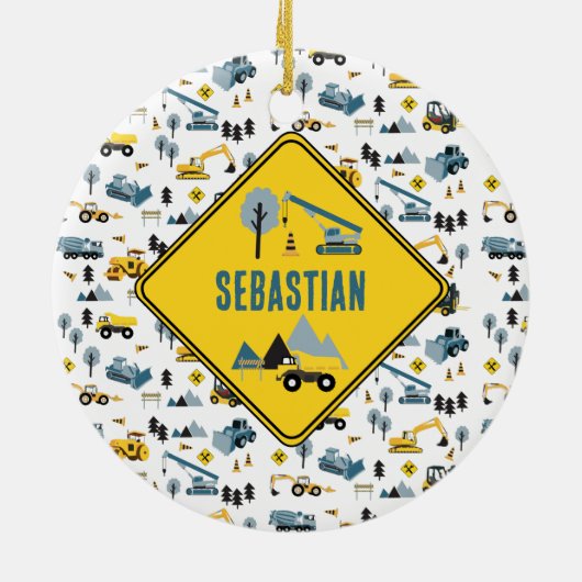 Blue Construction Trucks & Site Theme Pattern Keramisch Ornament (Achterkant)