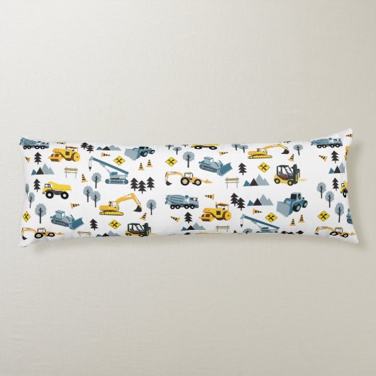 Blue Construction Trucks & Site Theme Pattern Lichaamskussen (Achterkant)