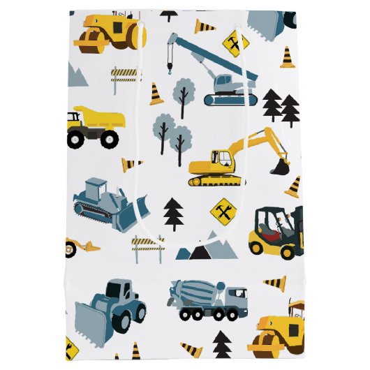 Blue Construction Trucks & Site Theme Pattern Medium Cadeauzakje (Achterkant)