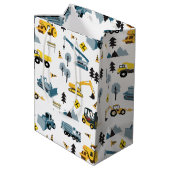 Blue Construction Trucks & Site Theme Pattern Medium Cadeauzakje (Achterkant Gekanteld)