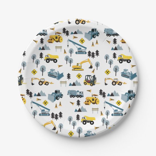 Blue Construction Trucks & Site Theme Pattern Papieren Bordje (Voorkant)