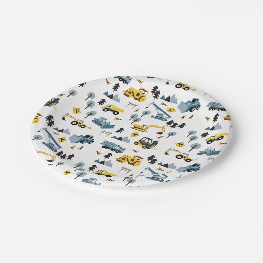 Blue Construction Trucks & Site Theme Pattern Papieren Bordje (Gekanteld)