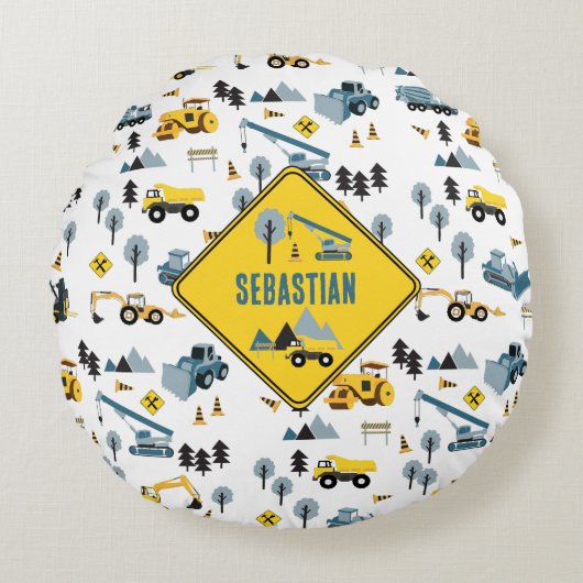 Blue Construction Trucks & Site Theme Pattern Rond Kussen (Voorkant)