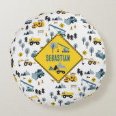 Blue Construction Trucks & Site Theme Pattern Rond Kussen (Achterkant)