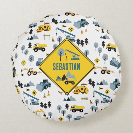 Blue Construction Trucks & Site Theme Pattern Rond Kussen (Achterkant)