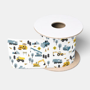 Blue Construction Trucks & Site Theme Pattern Satijnen Lint